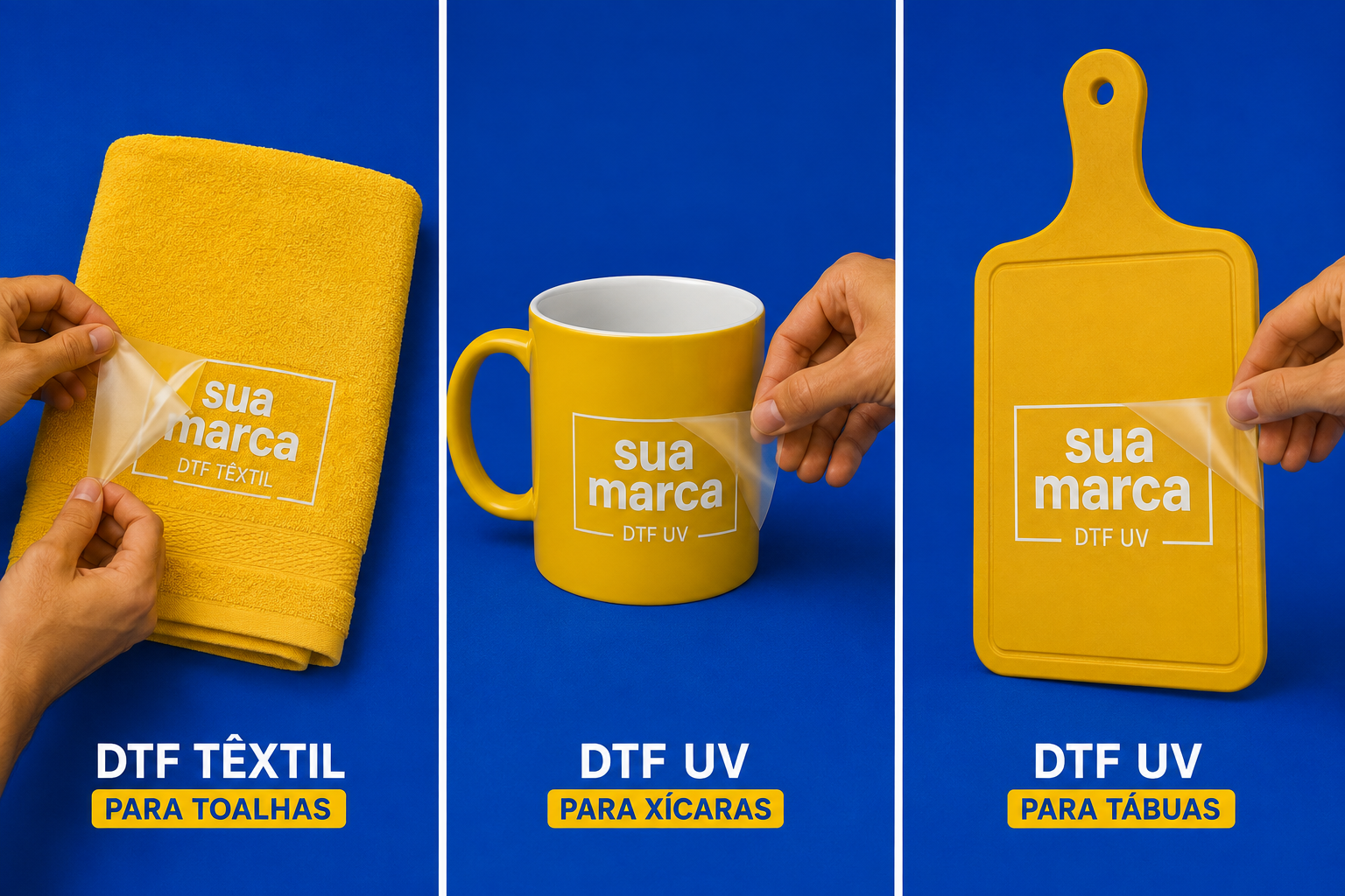 Aplicação de DTF têxtil em toalha e DTF UV em xícara e tábua