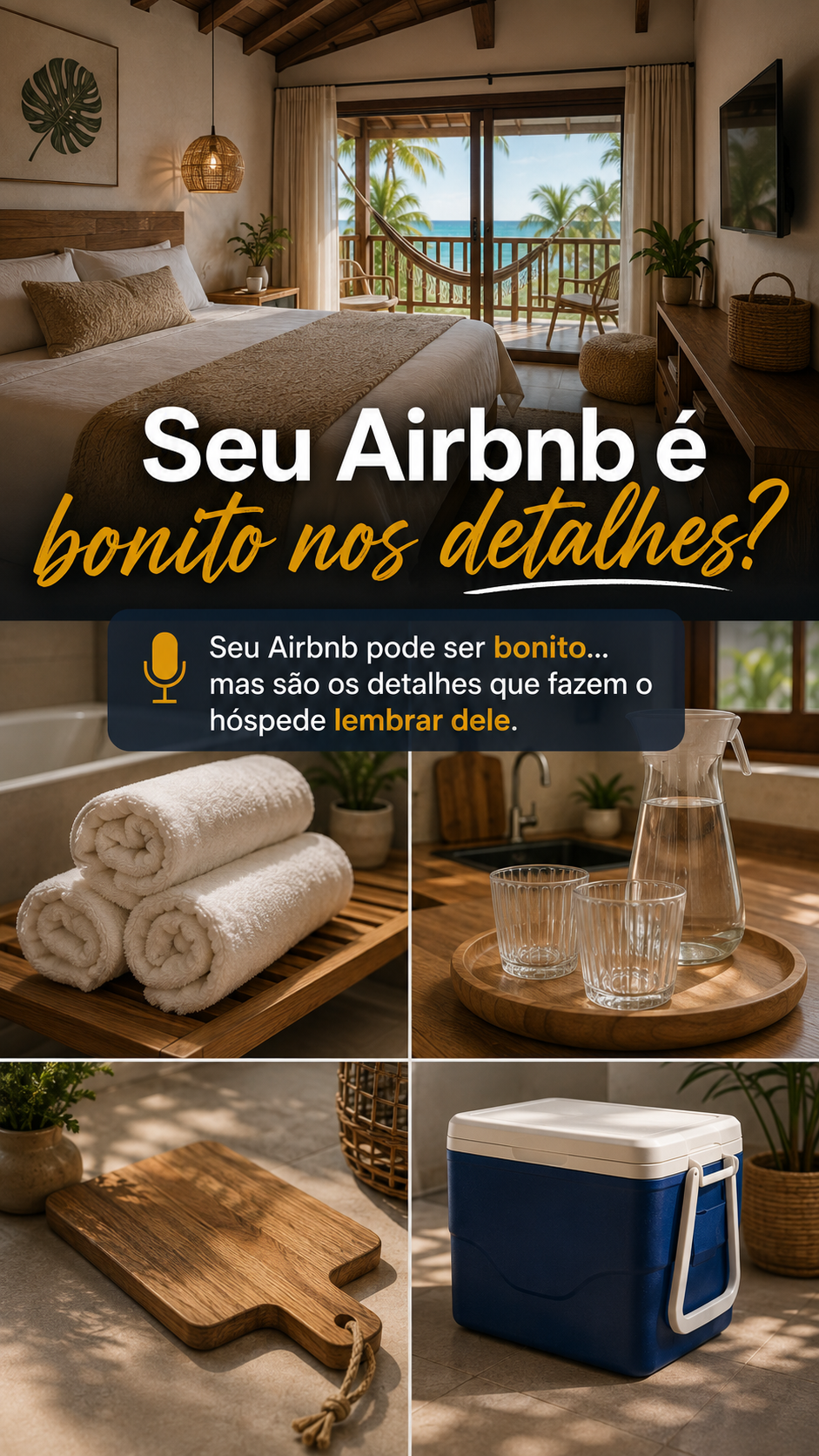 Ambiente de Airbnb com toalhas, copos, tábua e cooler